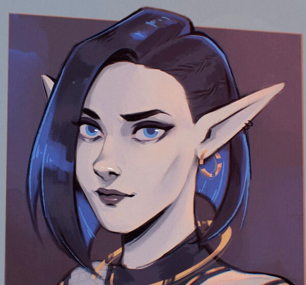 The One A cyberpunk elf with asymmetrical black hair and a blue undertint.